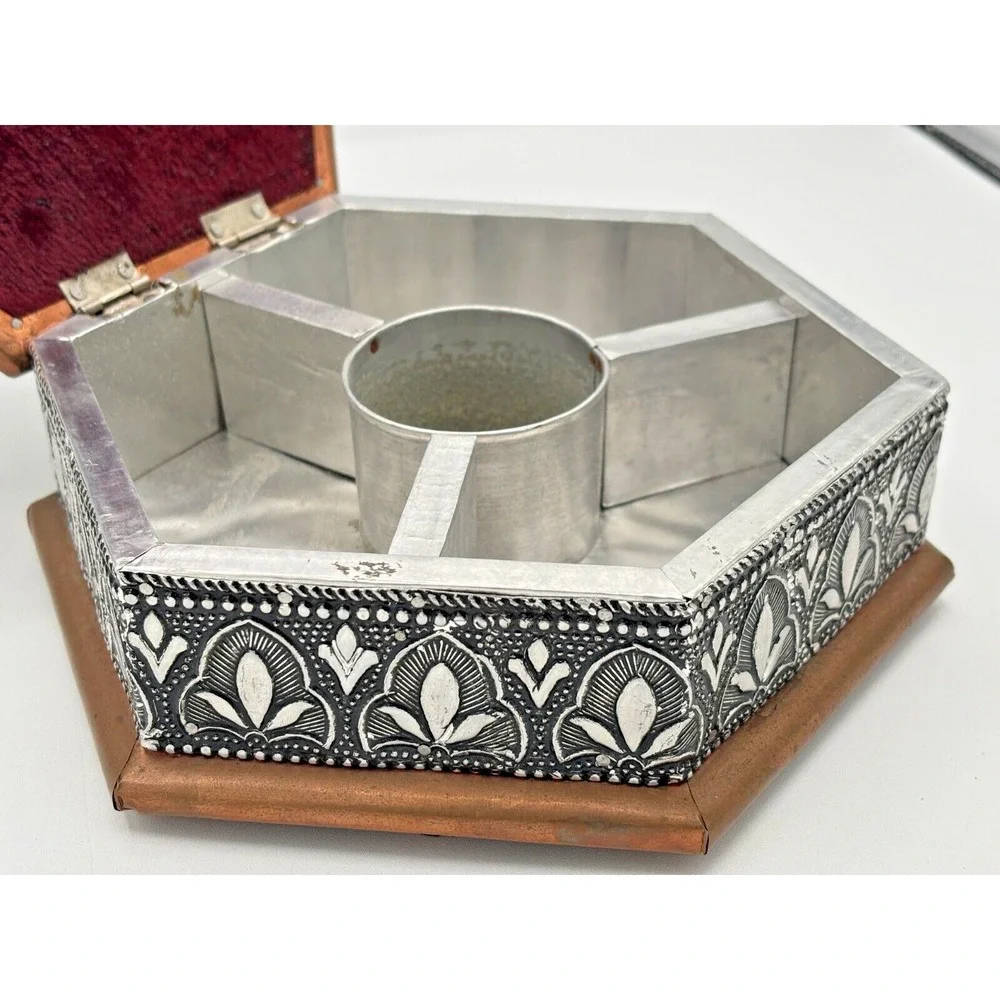 Vintage Embossed Silver Copper & Metal Hexagonal Trinket Box‎ 4 Compartment
